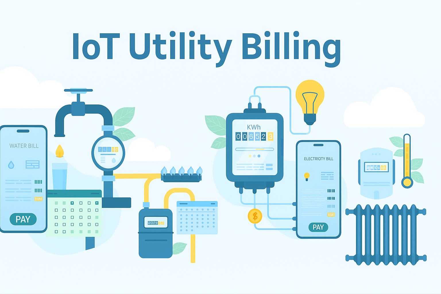 Smart meter management illustration showing various utility meters, mobile apps, and digital payment systems